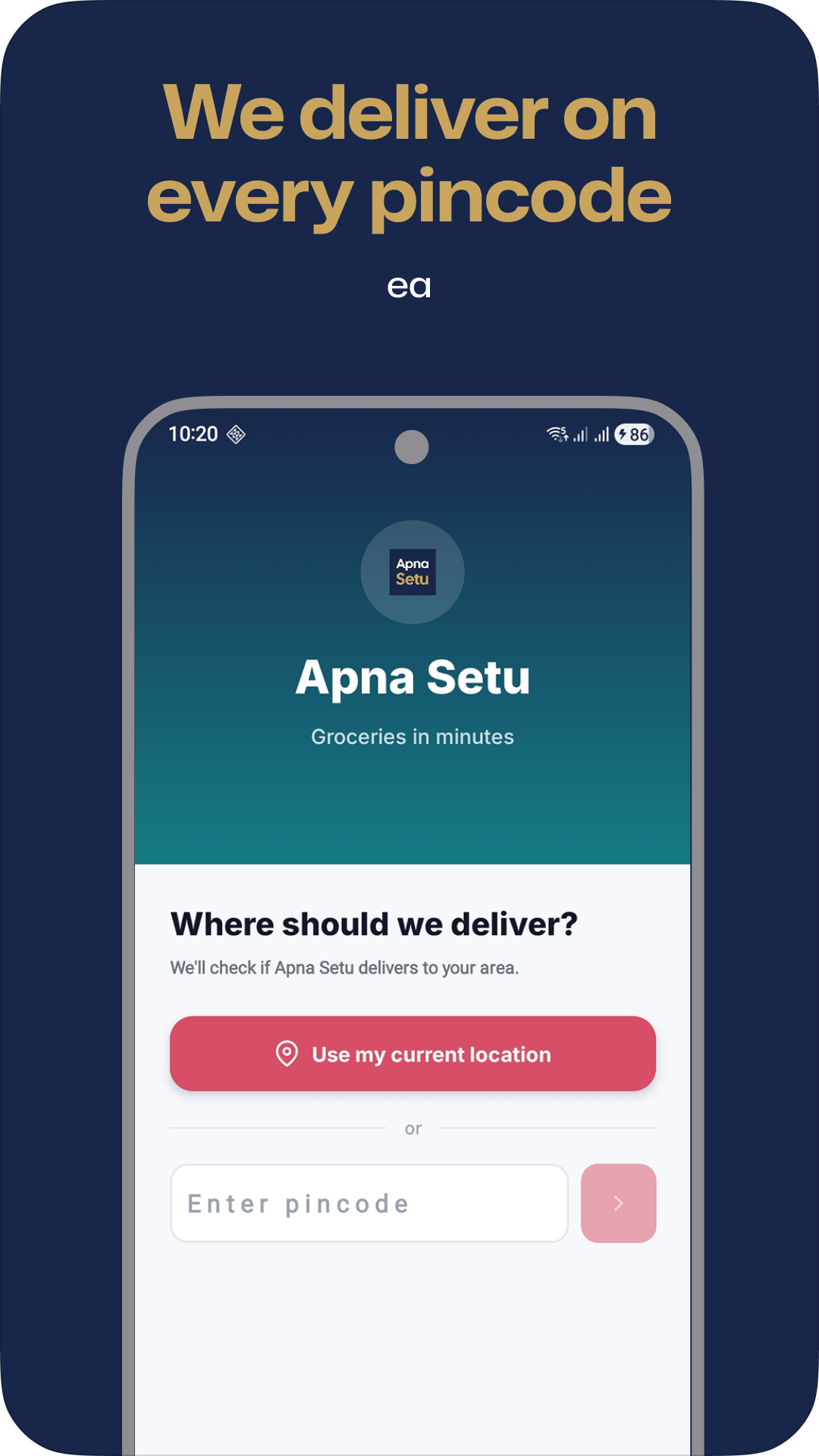 Apna Setu pincode delivery check screen