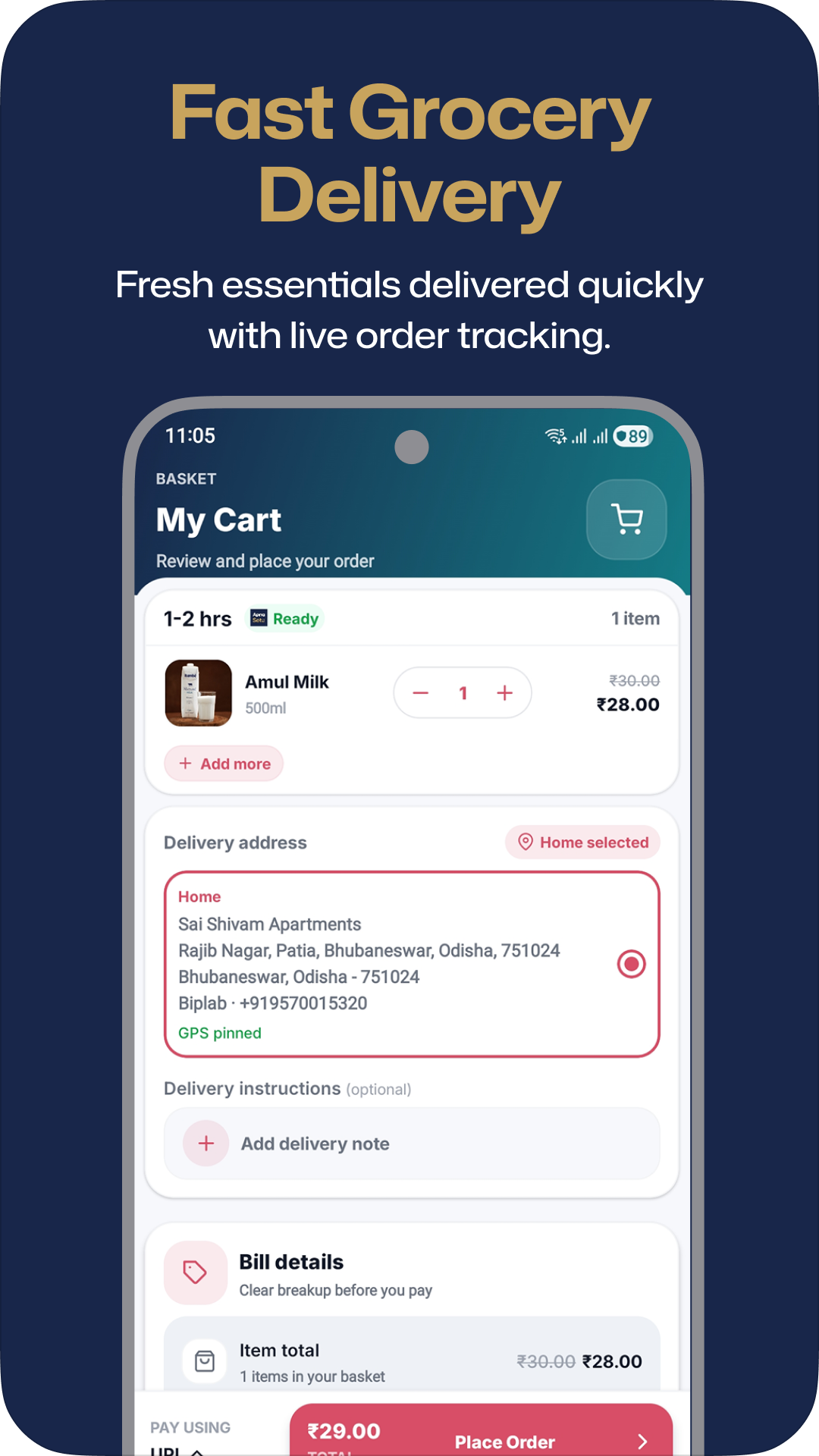 Apna Setu fast grocery delivery cart screen